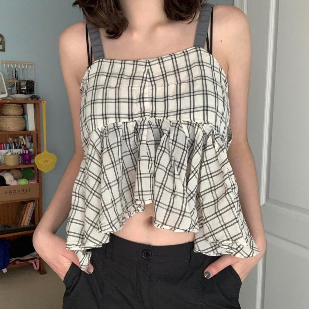 Plaid Ruffle Crop Tank Top - Black & White w/ Grey Straps